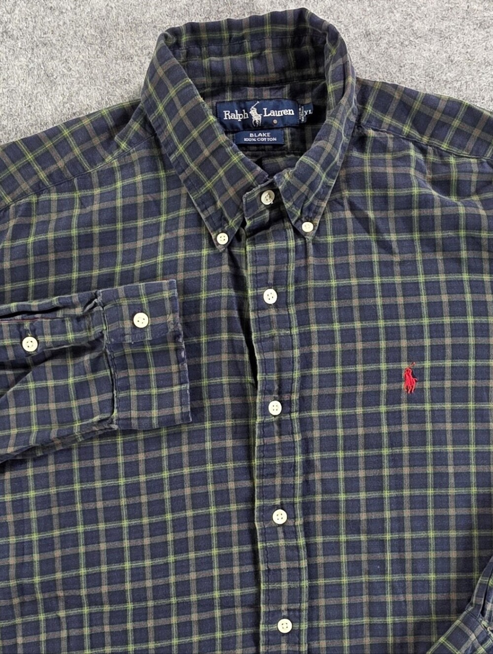 Ralph Lauren Navy and Green Plaid Button-Down Shirt with Red Pony Blake Sz XL
